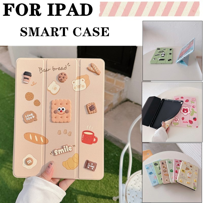 เด็กสําหรับ iPad Mini 1 2 3 4 5 6 7 Pro Air 9.7" 10.2" 10.5" 10.9" 11" 4th/5th/6th/7th/8th/9th/10th Gen 2017/18/19/20/21 หนัง PU 3D น่ารักการ์ตูน ฝาครอบกันกระแทกดอกไม้
