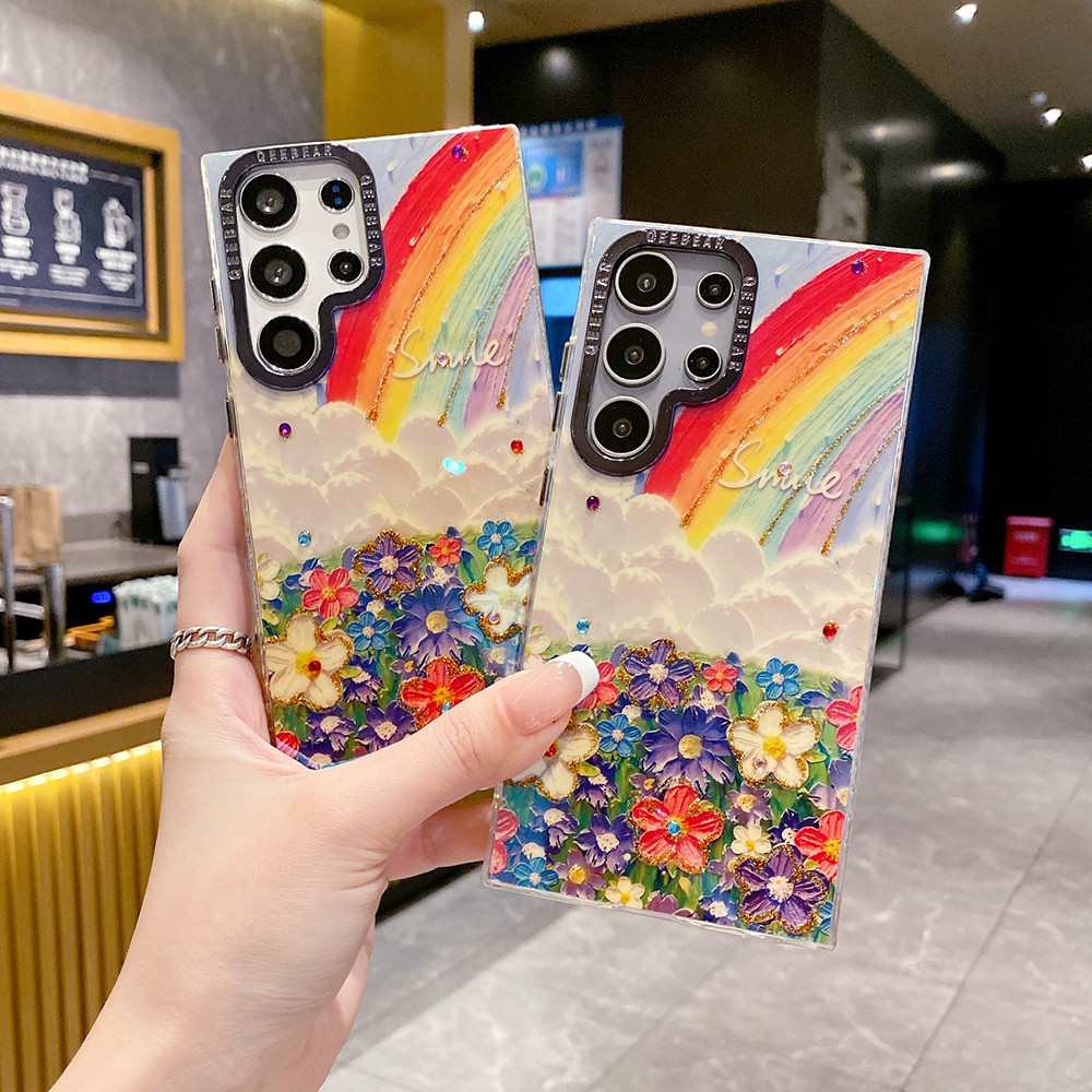 เคสโทรศัพท์มือถือ ซิลิโคนนิ่ม TPU กันกระแทก ลายภาพวาดสีน้ํามัน รูปผีเสื้อ ดอกไม้ พร้อมสายคล้อง และคลิปหนีบ สําหรับ Samsung Galaxy S24 S23 Ultra S23 Plus S24Plus S23Ultra