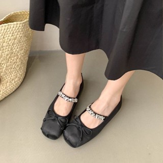 รองเท้าบัลเล่ต์ พื้นแบน ประดับโบว์ แต่งพลอยเทียม สไตล์ฝรั่งเ…