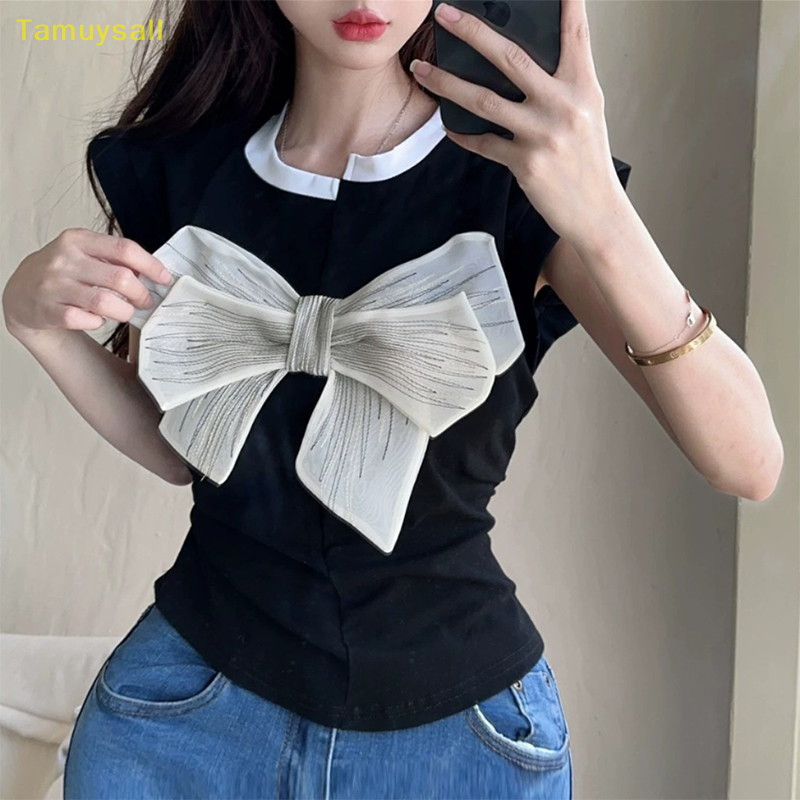 [TAMU] ฤดูร้อนสไตล์ฝรั่งเศสโบว์ตกแต่งเสื้อยืดผู้หญิง Chic Flying Sleeves Slim Crop Top YSA
