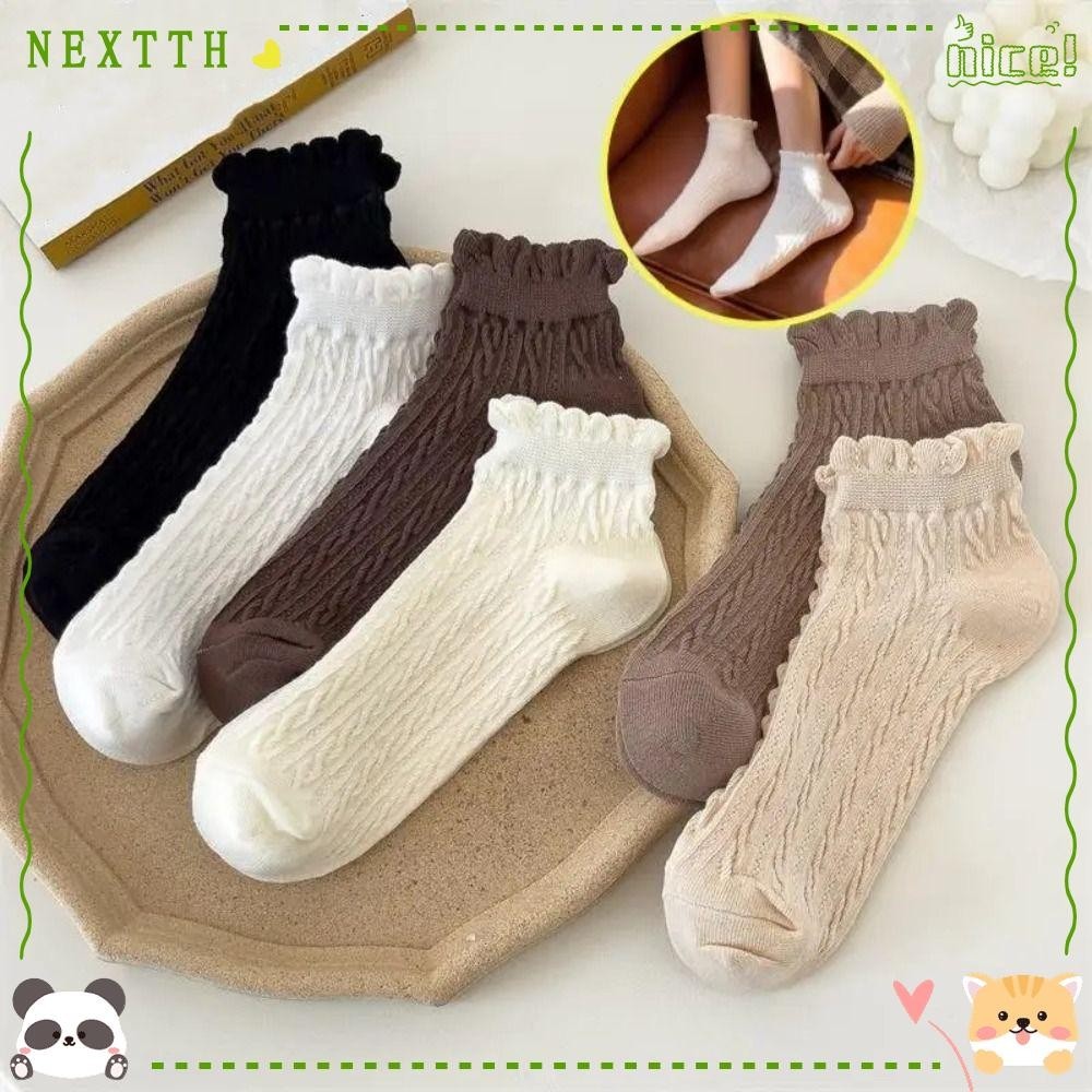 Nextth ถุงเท้าข้อสั้น ผ้าฝ้าย ระบายอากาศ ปากตื้น ปักลายลูกไม้ สําหรับผู้หญิง