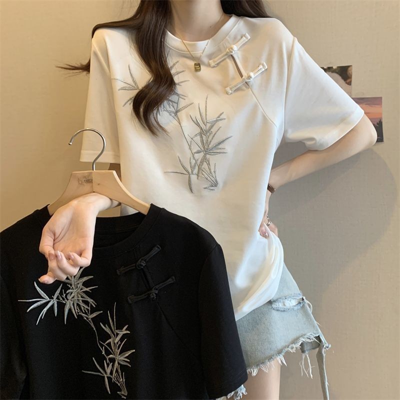 เสื้อยืดแขนสั้น ปักลายไม้ไผ่ ทรงหลวม ขนาดใหญ่ สไตล์จีน สําหรับผู้หญิง
