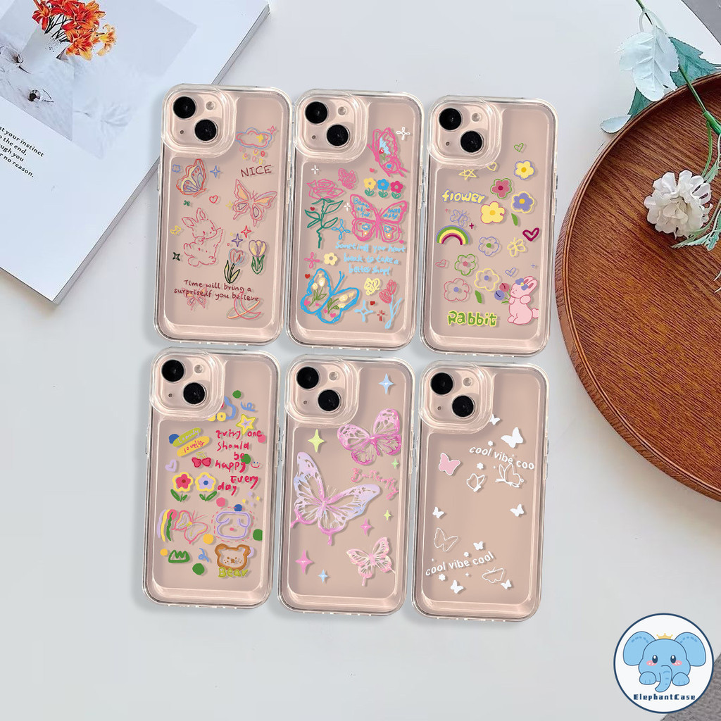 การ์ตูนดอกไม้ดาวกระต่ายสายรุ้งผีเสื้อรักกรณีหมีหัวใจ iPhone 11 XR 15 7Plus 12 14 13 Pro Max X XS Max 14 15 8 7 Plus SE