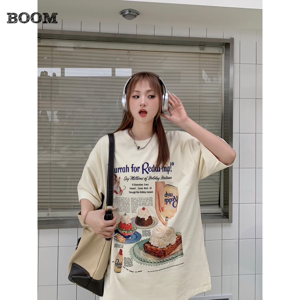 (กรุงเทพจัดส่งสินค้า)BOOM Shop OVERSIZE เค้กสไตล์อเมริกันวินเทจแขนสั้นเสื้อยืดผู้หญิงฤดูร้อนหลวมพอดีผ้าฝ้ายแขนครึ่ง