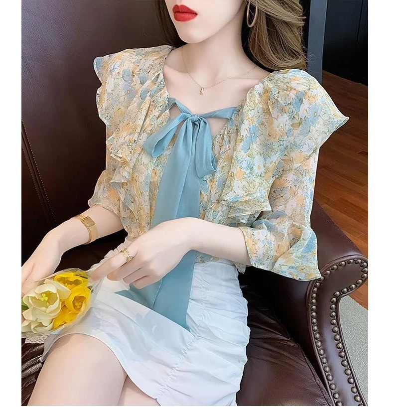 เสื้อชีฟองลายดอกไม้สไตล์ฝรั่งเศสแขนสั้น thumbnail 9
