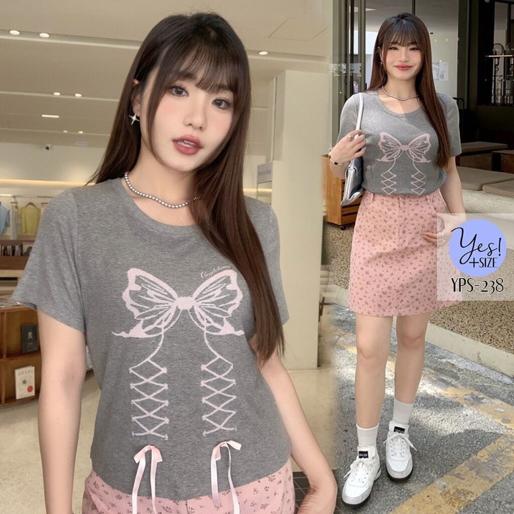 เสื้อยืดแขนสั้นสาวอวบ #238 อก 37-55+ นิ้ว เสื้อคอกลมผ้ายืดดีมากๆ สีเทาสกรีนโบว์ แต่งโบว์สีชมพู