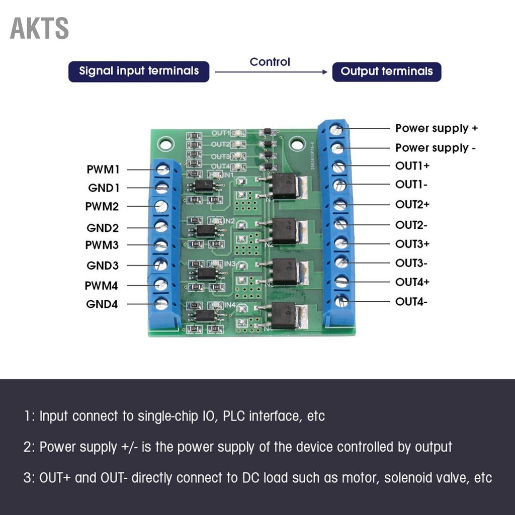 AKTS PWM 4 ช่อง MOS FET โมดูล PLC Amplifier Circuit Board 3-20V ถึง 3.7-27VDC 10A