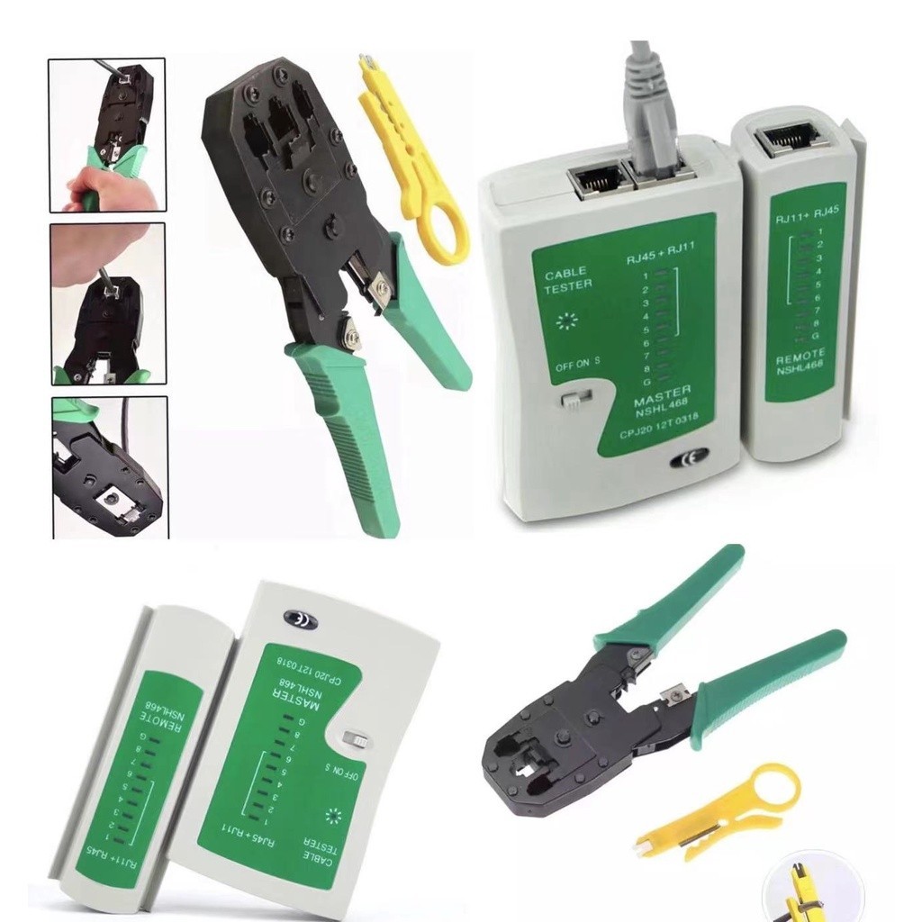 คีมเข้าหัวแลนครบชุด CAT5 CAT6 RJ45 RJ11 พร้อมที่เทสสาย + หัวแลน(10หัว) + บูทแลน (10หัว)+ ถ่าน +มีดปลอกสาย+ตัวต่อยาว
