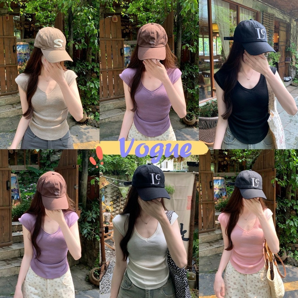 Vogue🌟พร้อมส่ง🌟 เสื้อยืดไหมพรม คอวี แขนกุด สีพาสเทลน่ารัก (X52)
