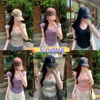 Vogue🌟พร้อมส่ง🌟 เสื้อยืดไหมพรม คอวี แขนกุด สีพาสเทลน่ารัก (X52)