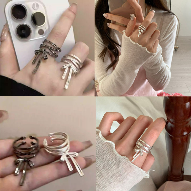 Ballet Matt Silver Gun BlackBow แหวนนิ ้ วสําหรับ Sweet Cool Girls เครื ่ องประดับเป ็ นของขวัญ
