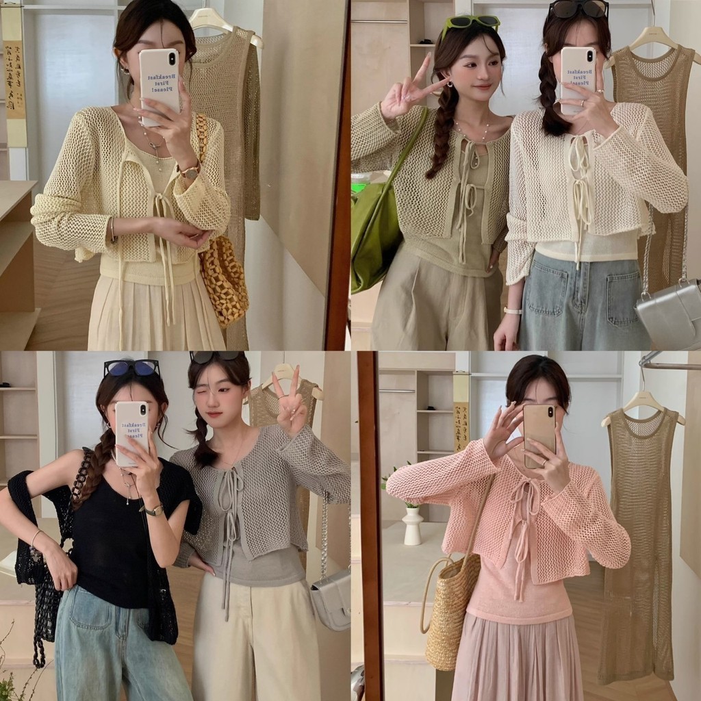 Pudding ~พร้อมส่ง "Q12+Q12-1" สายเดี่ยวไหมพรม+เสื้อคลุมตาข่าย ใส่สบายระบายเบาๆ