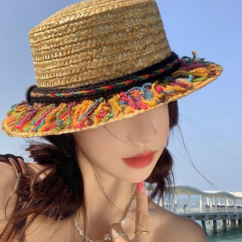 หมวกฟางด ้ านบนแบนผู ้ หญิงฤดูร ้ อนวันหยุดชายหาดม ่ านบังแดดหมวกกันแดดฟางหมวกกันแดดแฟชั ่ น