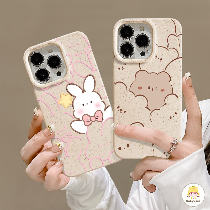 ตุ๊กตาหมีน่ารักโบว์กระต่ายคู่กรณีเป็นมิตรกับสิ่งแวดล้อม IPhone 13 15 7Plus 11 12 14 Pro Max X XR XS MAX 6s 6 8 Plus