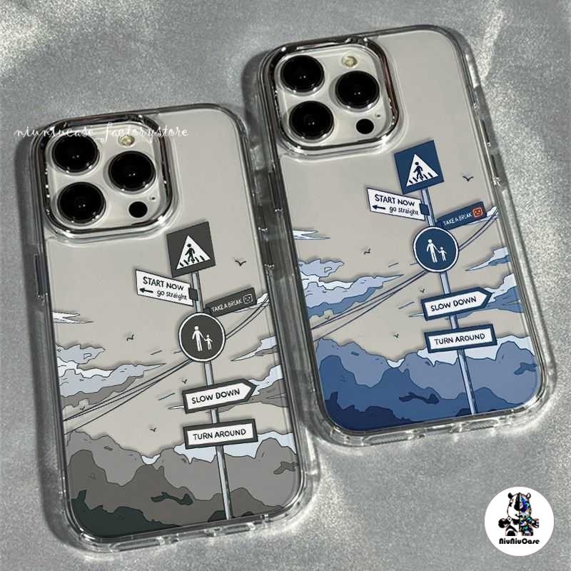 สำหรับ iPhone 13 12 14 11 15 Pro Max XR X Plus XS SE 7 ป้ายถนนภูมิทัศน์รูปแบบกรอบรูปโลหะกรณีโทรศัพท์กันกระแทกและน่ารัก