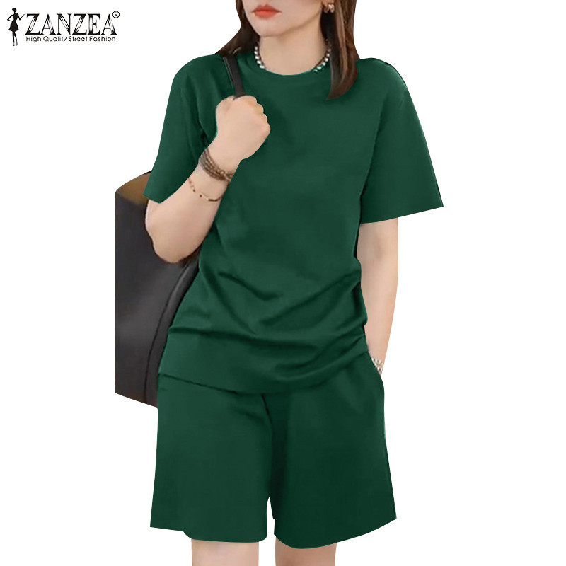 Zanzea ผู ้ หญิงเกาหลีลําลองคอกลมแขนสั ้ นเอวยางยืดกระเป ๋ าท ็ อปส ์ กางเกงขาสั ้ น