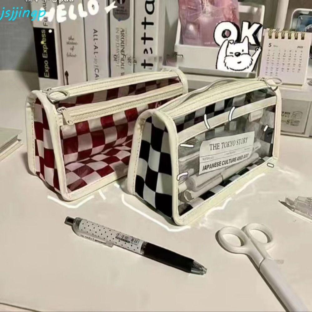 Jsjjingp รูปแบบกระดานหมากรุกปากกา,โปร่งใสกันน้ําเด็กกล่องดินสอ,เครื่องเขียน PVC ความจุสูง Cassic สไตล์ Lattice กระเป๋าดินสอเด็กของขวัญ