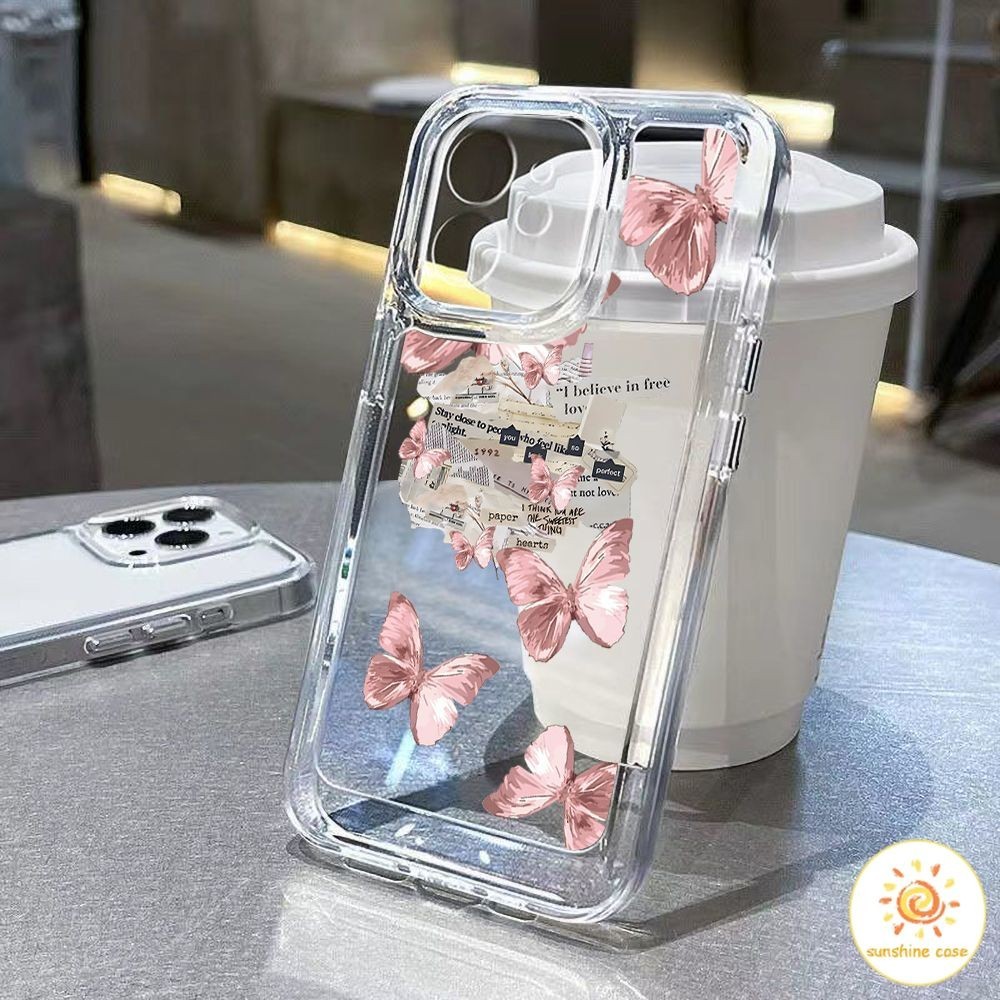 เคสโทรศัพท์มือถือแบบใสลายผีเสื้อสีชมพู ไอโฟน11 For iPhone11 12 13 14 15Pro MAX X XS 6 7 8Plus SE2020เคสโทรศัพท์