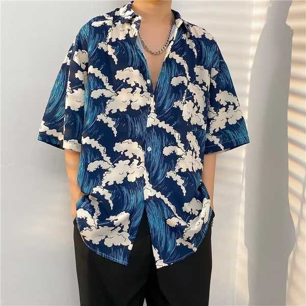 เสื้อฮาวายวินเทจ เสื้อฮาวายผู้ชายไซส์ใหญ่ อินเทรนด์แบรนด์ฮิปฮอปฤดูร้อนบางฮาวายคลื่นเต็มพิมพ์เสื้อผู้ชายหลวมสบาย ๆ beachwear แขนสั้นเสื้อกระแสน้ํา