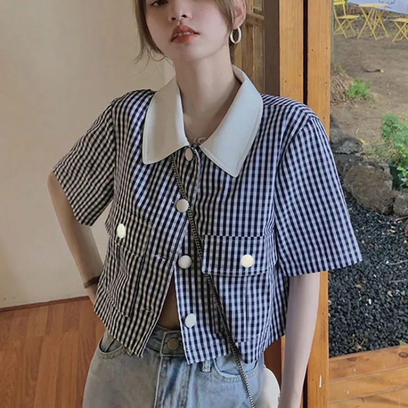 Classy~เสื้อเชิ้ต รุ่นสั้น พิมพ์ลายสก๊อตวินเทจ ชุดเดรสแฟชั่นเกาหลี