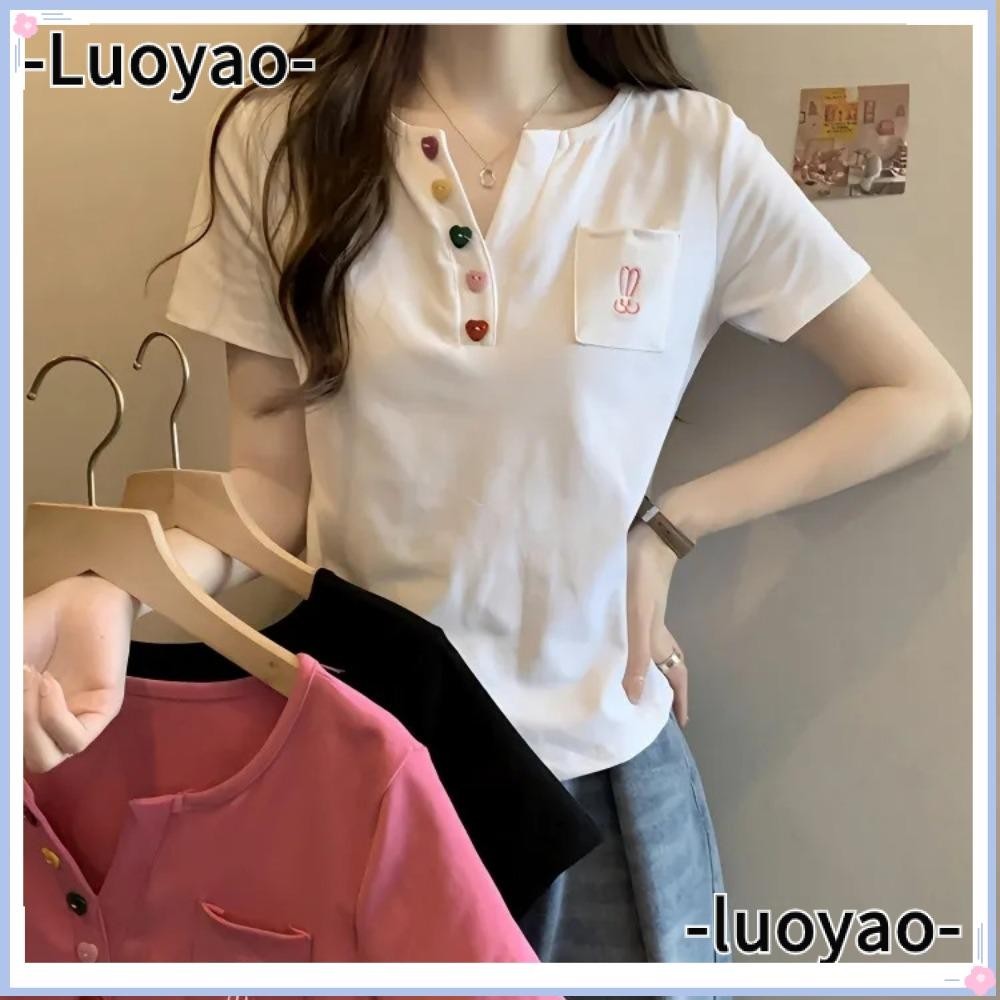 ลูเหยา แขนสั้น,สไตล์เรียบง่ายปุ่มด้านหน้าเสื้อยืดผู้หญิงระบายอากาศคอวีสลิมฟิตสั้นด้านบน
