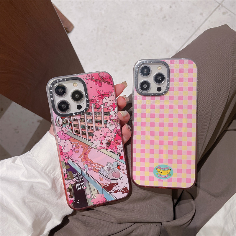 Casetify Crystal Gradient powder Acryli Magnetic 【banana Sakura Dream 】Casing สําหรับ Apple iPhone 15 Pro Max 15 Plus 14 13 Pro Max กรณีแกะสลักด ้ านข ้ างตัวอักษรป ้ องกันฝาครอบ