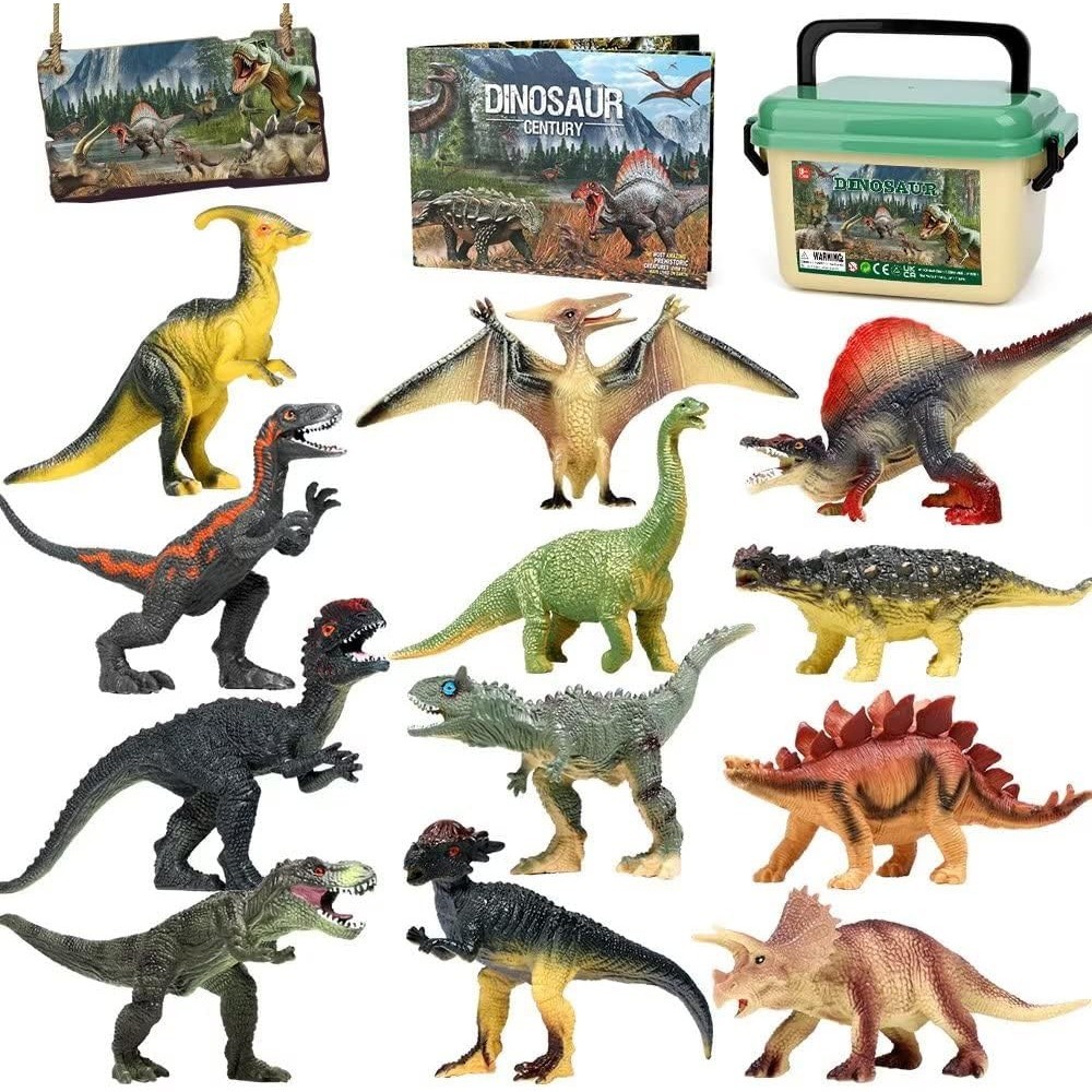 Dinosaur Toys 12pcs Dinosaur Figures Kyoryu Toys T-Rex Velociraptor Storage Box Dino Book Realistic