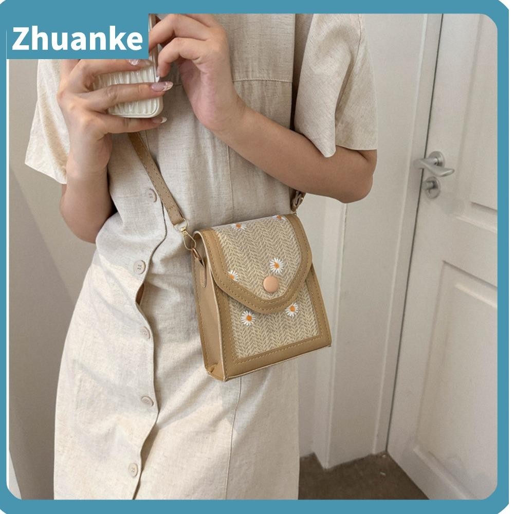 Zhuanke Straw Plaited Phone Bag, Straw Dacron Embroidery Bag, Little Daisy Phone Pouch