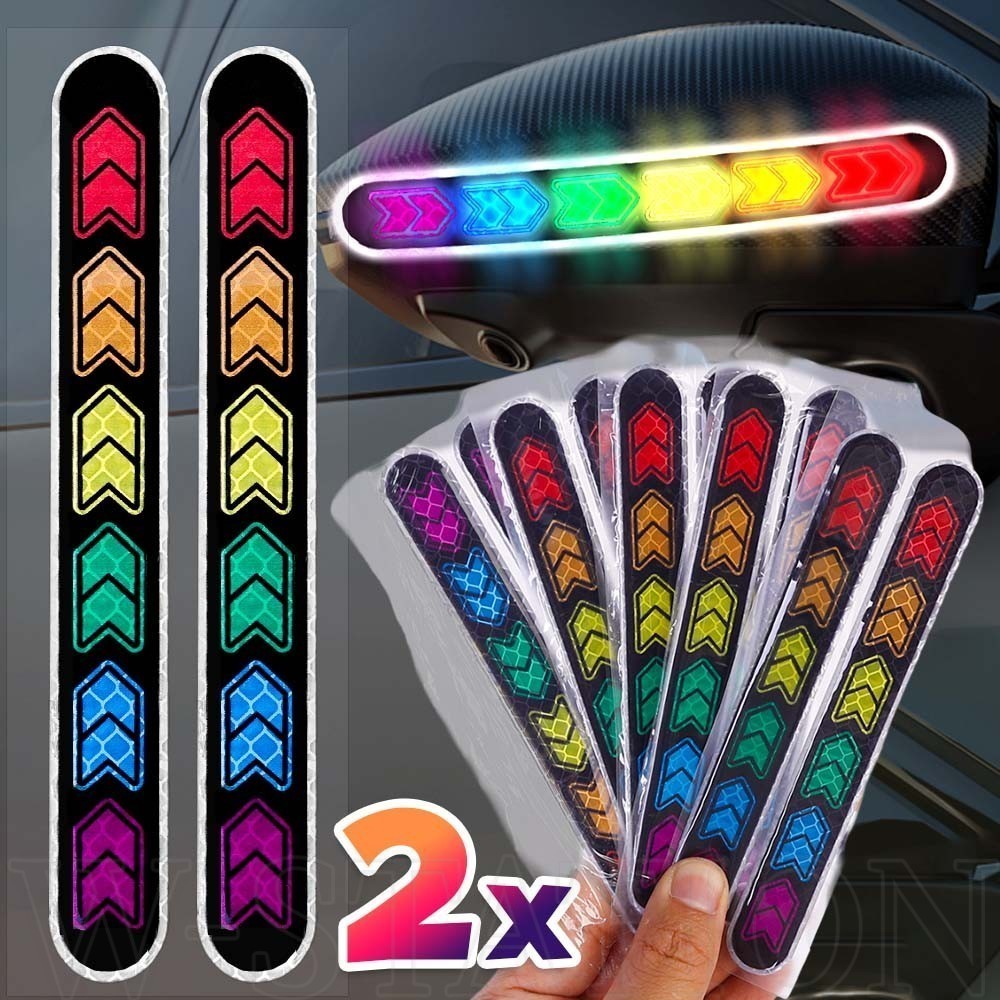 2pcs Rainbow สีรถสติกเกอร์สะท้อนแสง - Night Driving Reflector - Arrow เทปคําเตือน Decals - สําหรับตัวรถ, รถจักรยานยนต์, หมวกกันน็อค - อุปกรณ์ตกแต่งภายนอกอัตโนมัติ