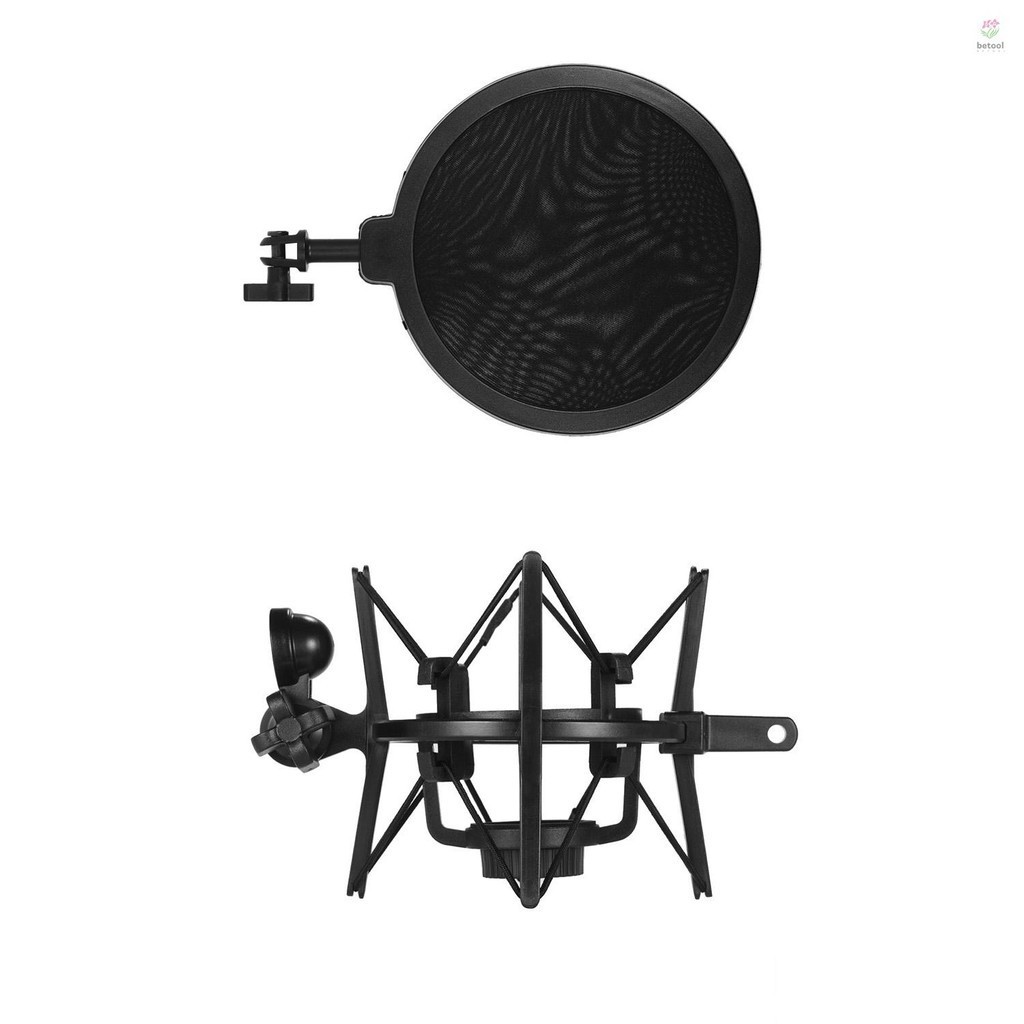 Univerdal พลาสติกคอนเดนเซอร์ไมโครโฟน Mic Shock Mount Holder Bracket Anti-vibration พร้อม Pop Filter สําหรับ On-line Broadcasting Studio Music Recording