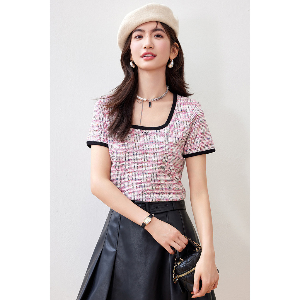 High-end Contrast Color Knitting All-Match Temperament Slim-Fit T-
