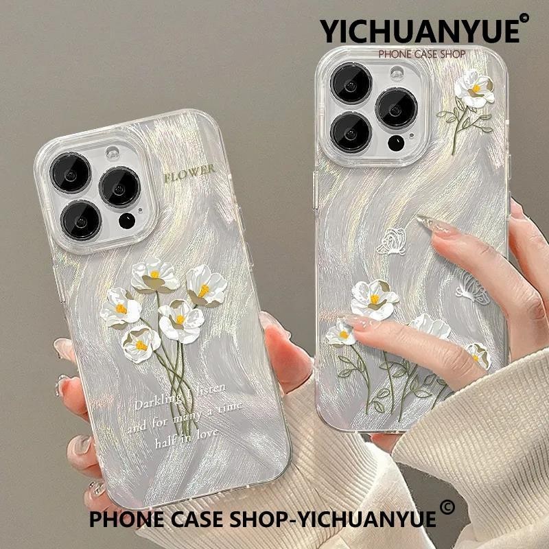 YICHUANYUE - สำหรับ ไอโฟน 15 ดอกเดซี่ เคส ขนนกสีเงิน เคสซิลิโคน เลเซอร์เคสใส เคสไอโฟน 14 pro max 13 Pro iphone 11 12 7 8