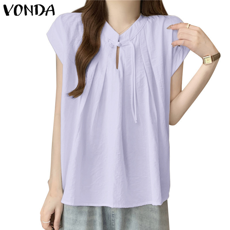 Vonda เสื ้ อเบลาส ์ แขนสั ้ นคอกลมลําลองผู ้ หญิงเกาหลี