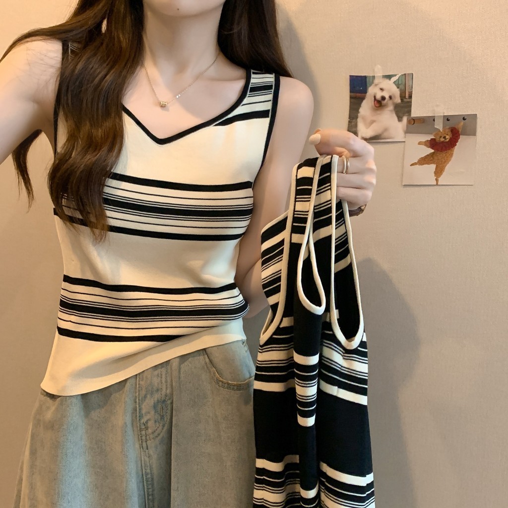 Gakki เสื้อกล้าม เสื้อกั๊กลายทางไหมพรมผู้หญิง 2071#
