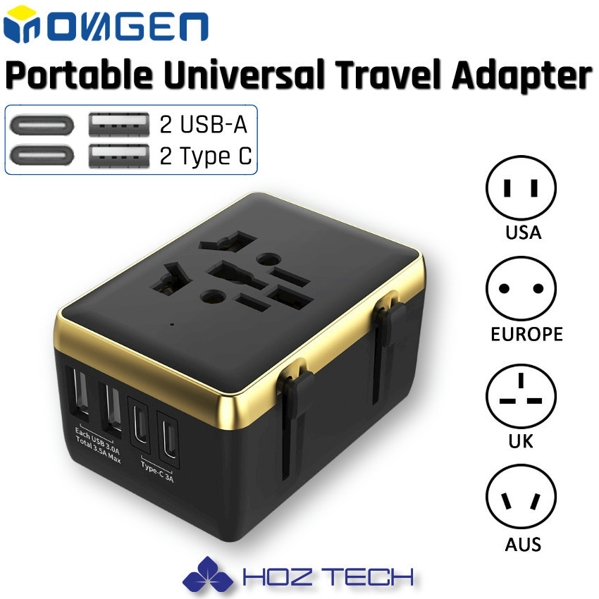 Inovagen Universal Travel Adapter,2 USB+2 TypeC พอร์ตชาร์จ, อะแดปเตอร์ US EU AU UK Worldwide,ตัวแปลงการชาร์จโทรศัพท์มือถือมัลติฟังก์ชั่น