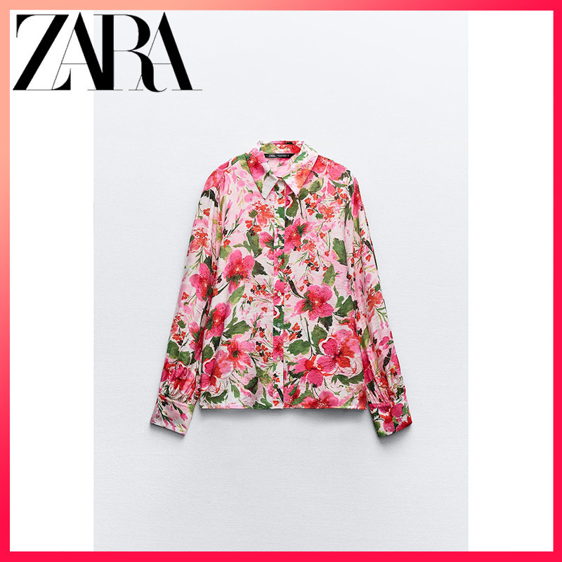 ZARA ซาร่า 24 ฤดูร้อนสินค้าใหม่เสื้อผ้าสตรีดอกไม้พิมพ์เสื้อแขนยาวปกเสื้อ