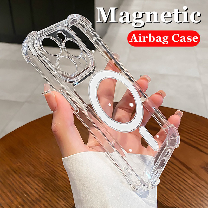เคสโทรศัพท์แม่เหล็กโปร่งใส สําหรับ iPhone 15 14 13 12 11 Pro Max 15 Plus ถุงลมนิรภัยกันกระแทกอะคริลิคซิลิโคนฝาครอบกันชน