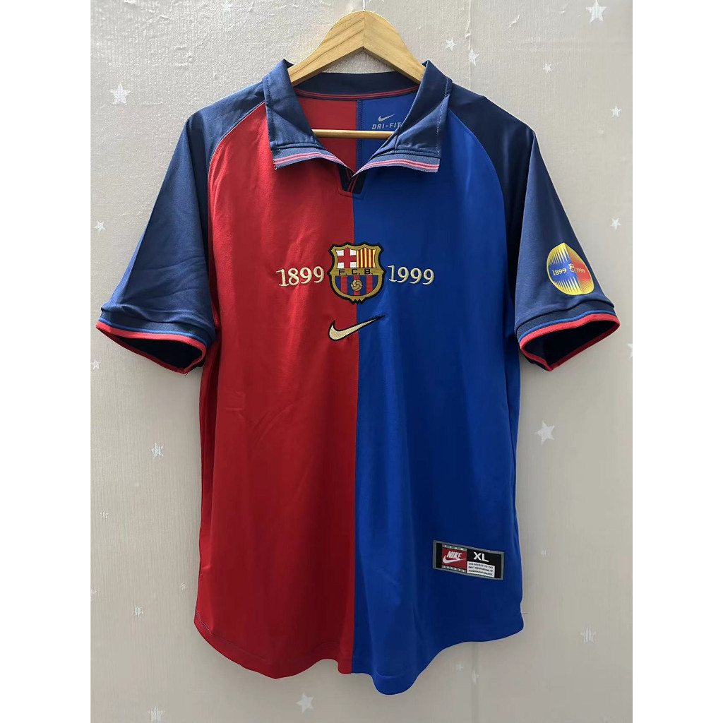 Retro 1899-1999 Barcelona 100th Top Home Football Jersey ที่กําหนดเองเสื้อแขนสั้น GUARDIOLA FIGO RIVALDO