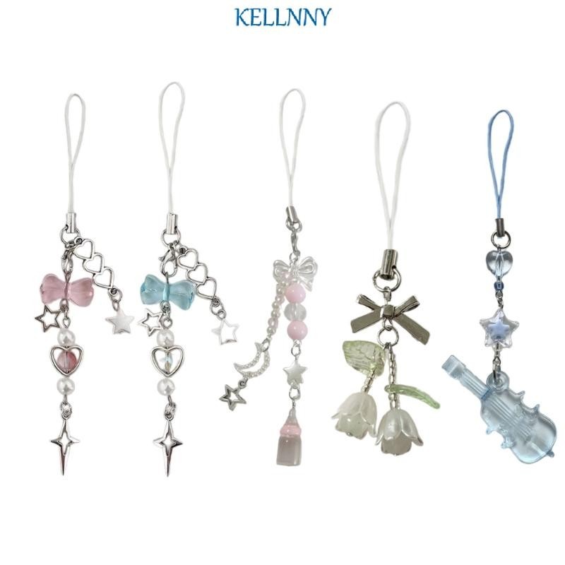 Kellnny พวงกุญแจแฟชั่นพร้อมลูกปัดโทรศัพท์ Charm ที่ไม่ซ้ํากัน Bowknot พวงกุญแจ Vibrant จี้ลูกปัดสําหรับโทรศัพท์มือถือ