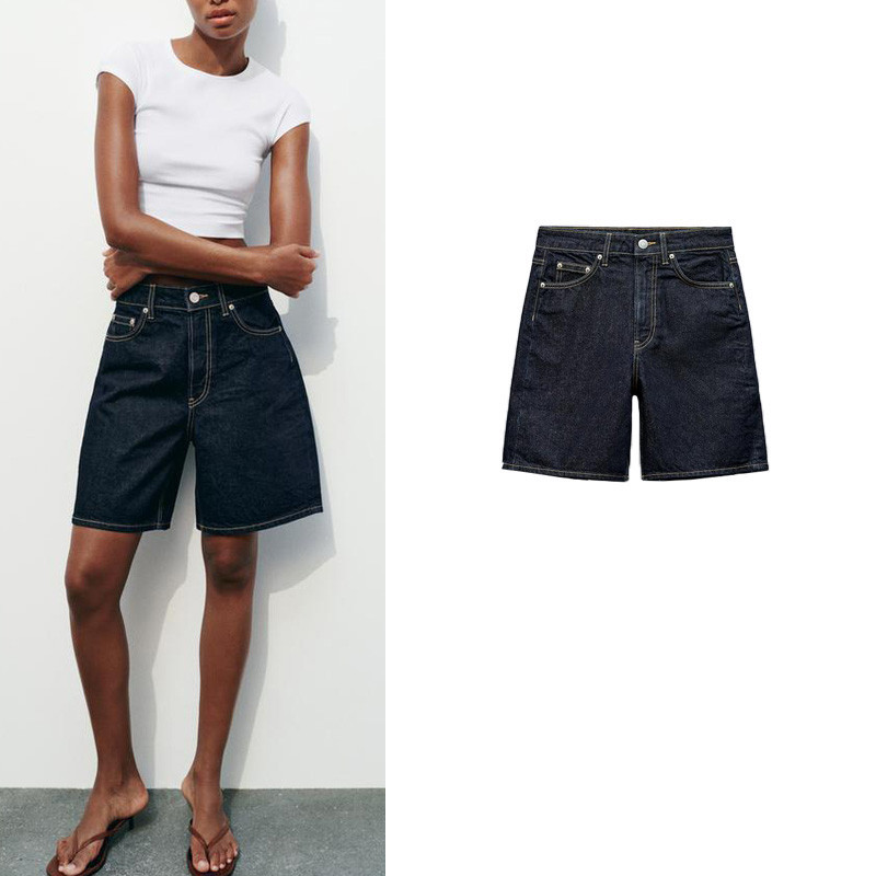 Zara สินค ้ าใหม ่ Contrast Color Stitching ตกแต ่ งกางเกงขาสั ้ นผ ้ ายีนส ์ เอวกลาง 8727070