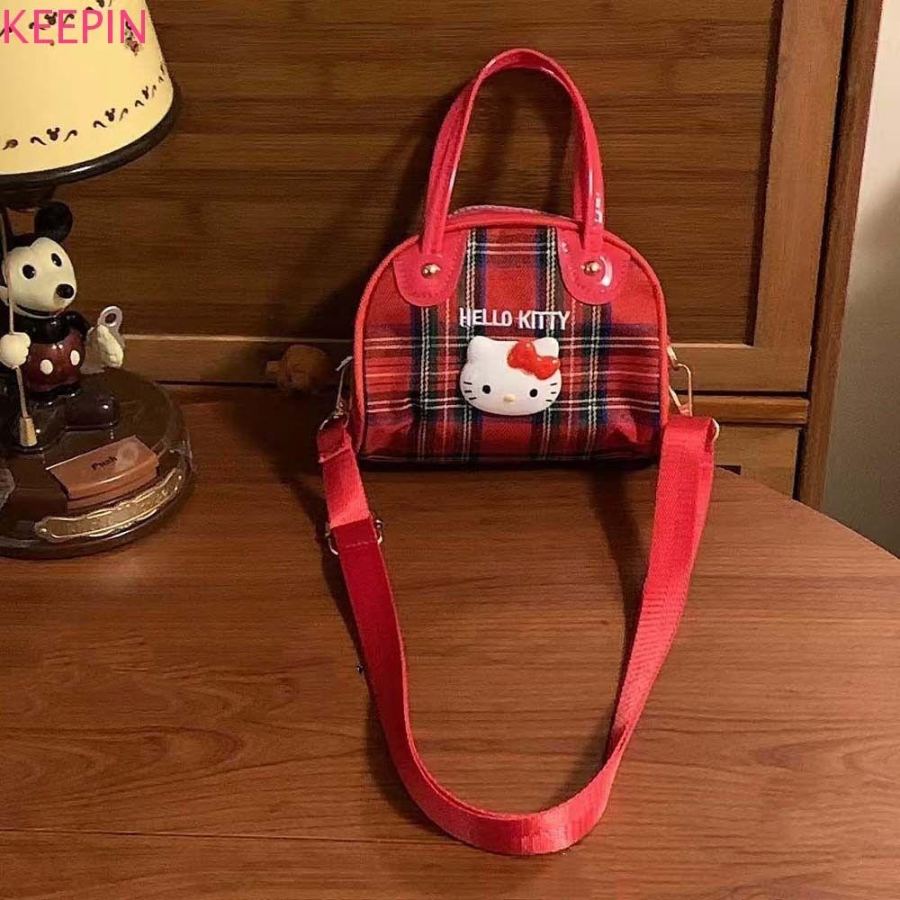 Keepin Hello Kitty กระเป๋าสะพายข้าง, ผ้าใบ Lattice Mini กระเป๋าสะพายลายสก๊อต, Casual PU หนังแมวการ์ตูนสัตว์ Y2k สไตล์กระเป๋าถือช้อปปิ้ง