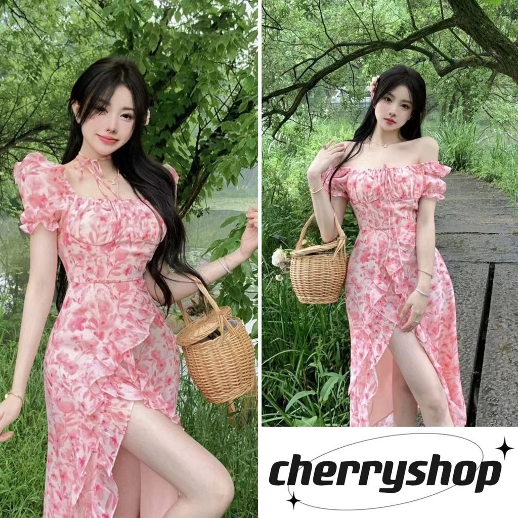 cherryshop🍒พร้อมส่ง ชุดเดรสแฟชั่นผู้หญิง กระโปรงยาว เดรสสีชมพู ลายดอกไม้ฝรั่งเศส แขนพัฟสไตล์อ่อนโยน น่ารักและหวาน