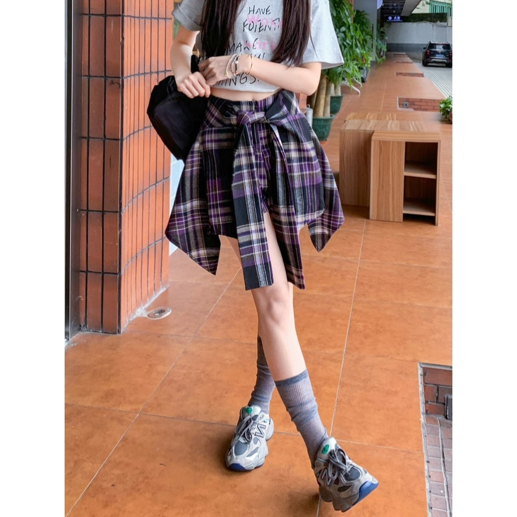 Suxi Retro Checkered กระโปรงมินิไม ่ สม ่ ําเสมอฤดูร ้ อนใหม ่ ผู ้ หญิง A-line กระโปรงสั ้ น 240605