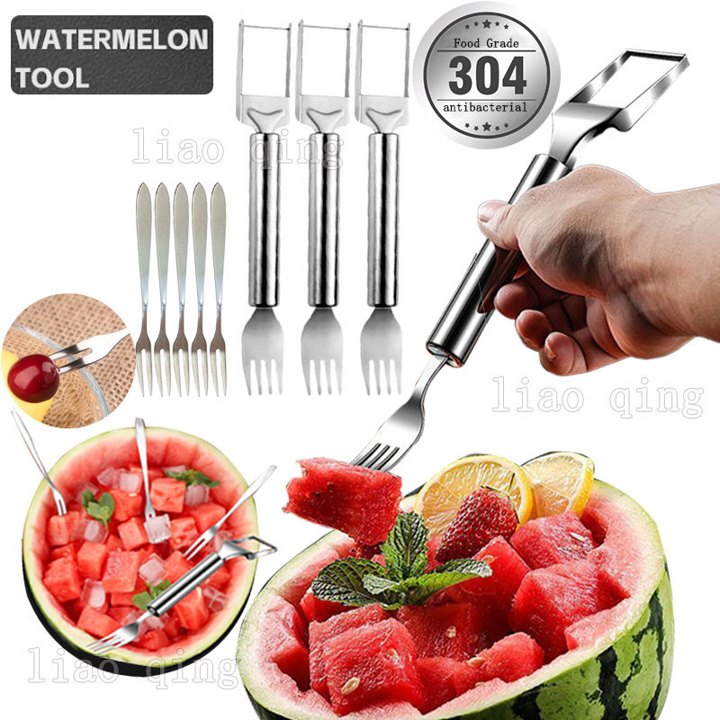 เครื ่ องตัดแตงโมสแตนเลส 2-in-1 พร ้ อมส ้ อมผลไม ้ เครื ่ องมือตัดแตงโมเครื ่ องตัดผลไม ้ สแตนเลสสําหรับห ้ องครัว