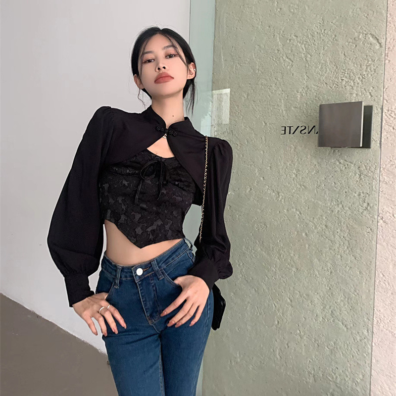ใหม่สไตล์เฉพาะยืนขึ้นปกเสื้อแขนยาวผู้หญิงสไตล์แห่งชาติสั้นพิเศษด้านบน