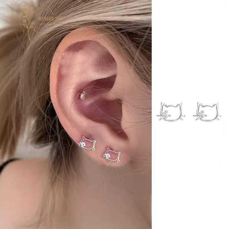 โรสไลฟ์ มินิน่ารักหวานสร้างแรงบันดาลใจคริสตัลเงินลูกแมวแมวต่างหูสตั๊ดสําหรับผู้หญิงสาวสวมใส่ทุกวันเลือกฟรีต่างหูเครื่องประดับแฟชั่นอุป