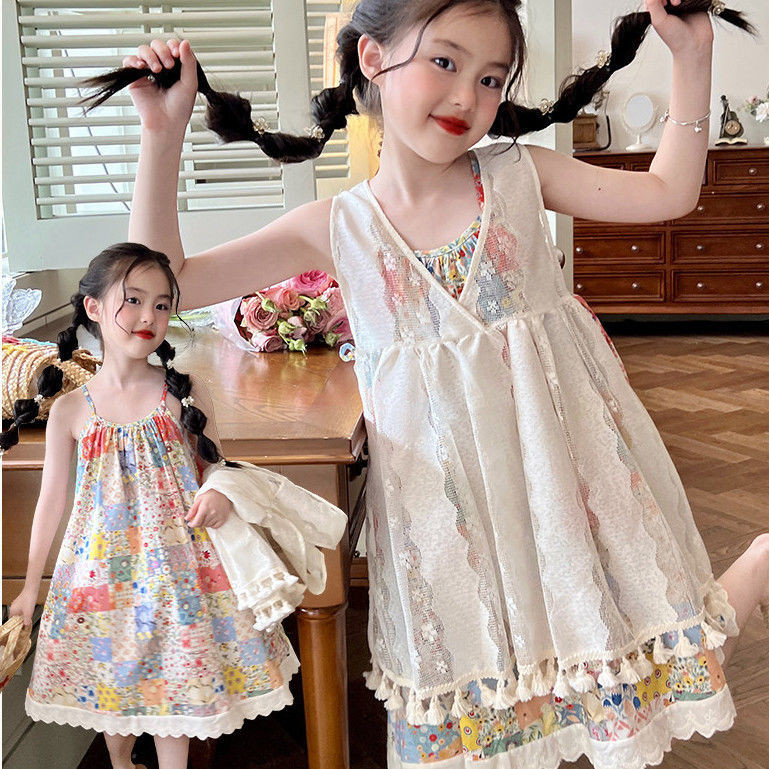 [คลังสินค้าพร้อม] สาวสไตล์จีนใหม่เสื้อกั๊กกระโปรงเด็กสาวน้อยวันหยุดสไตล์กระโปรงแขวนแฟชั่นสาวดอกไม้ชุดเด็กขนาด