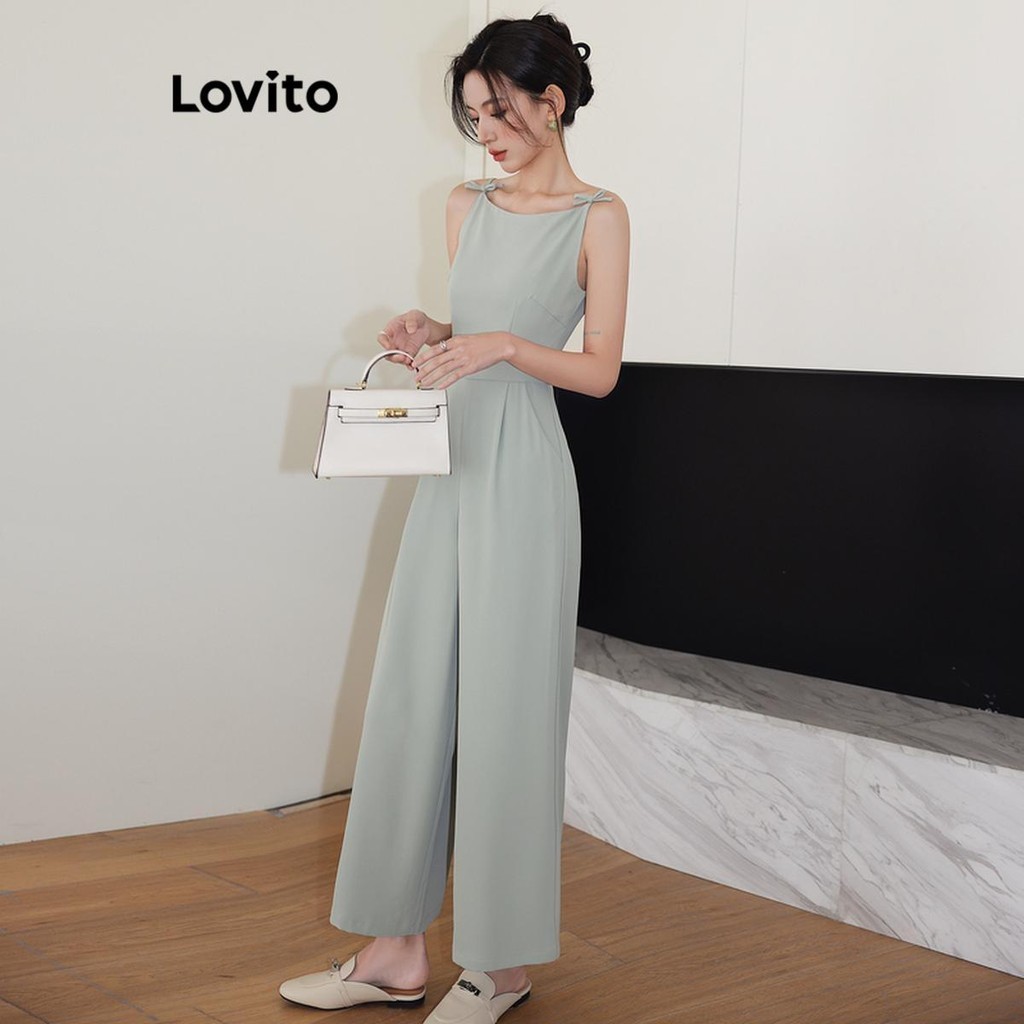 Lovito จั๊มสูทผู้หญิง แต่งโบว์ สีพื้น สไตล์ลำลอง LNE56411