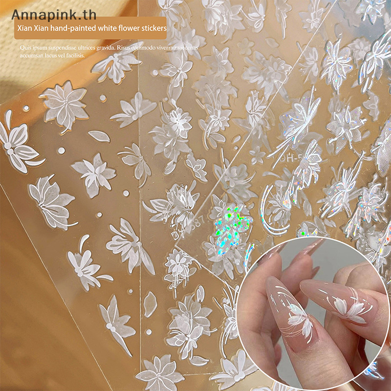 Annapink.th White Magnolia Flower Hand Drawn Temperament Nail Sticker Enhancement กาวรูปลอกตกแต่ง EN