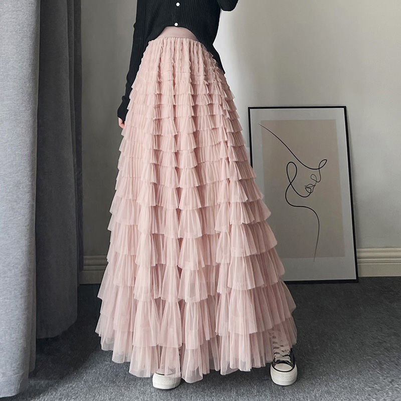 Cake Dress Super Long Mesh Niche Summer Skirt Niche Fairy Heavy I-Shaped Large Dress Gauze Skirt Multi-Layer Women